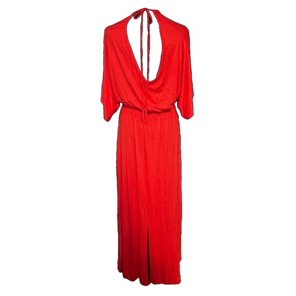 New York & Company Red Maxi Dress Elastic Waist Tie Closure Pockets Sz M slit - Picture 3 of 6